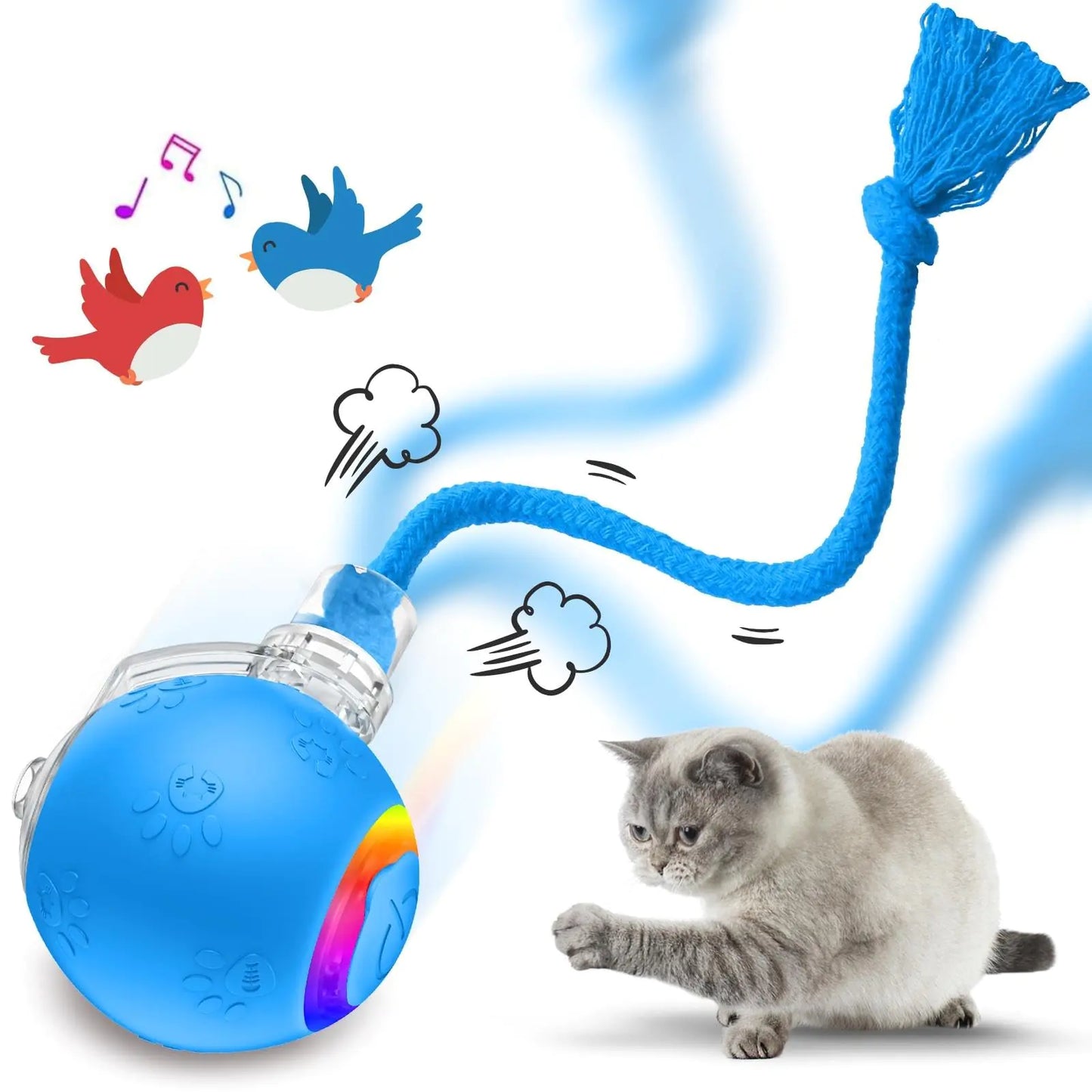 Cat Toys for Indoor Cats Interactive Cat Toy USB Rechargeable Fast Rolling Dog Ball Toy On Rug Bird Chirping & Motion Activated Cat Ball Anti-Depression Pet Toy Fun Gift with Light Blue