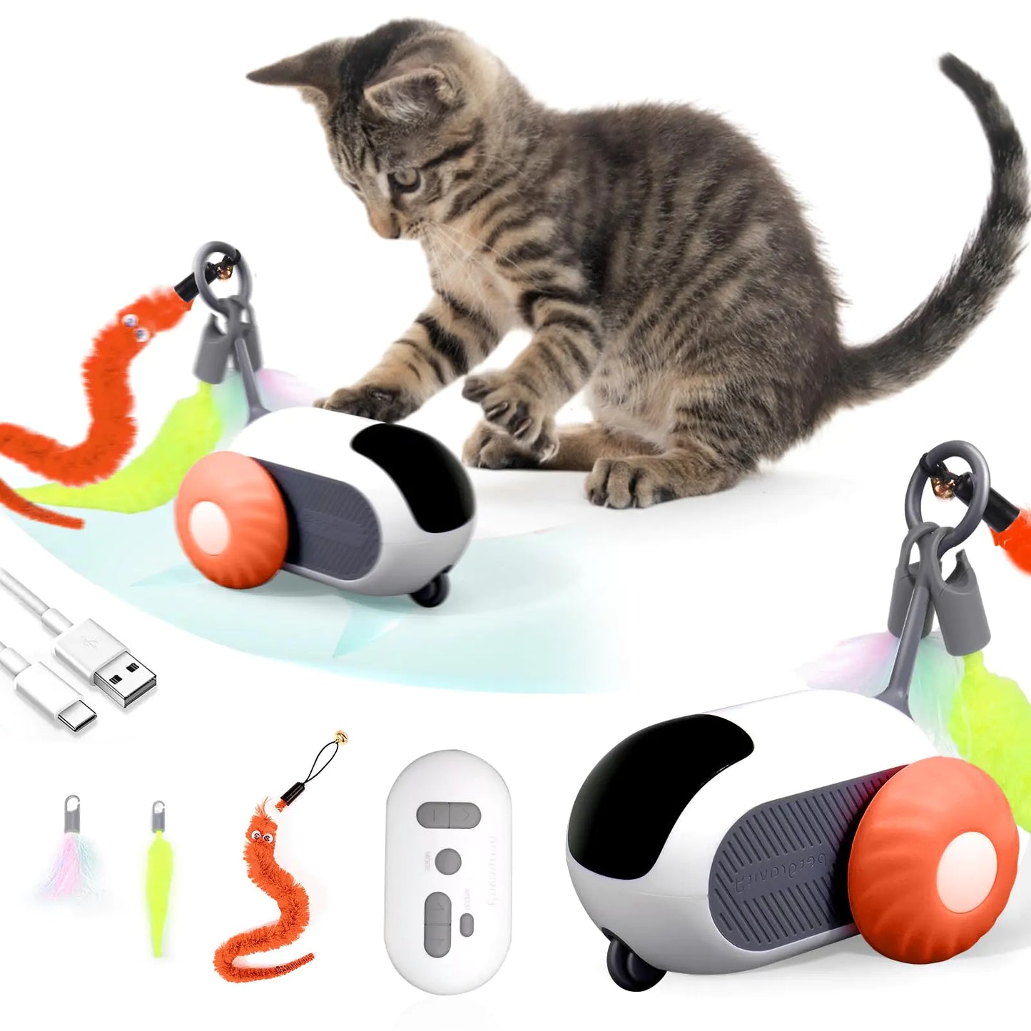 BABORUI 3.0 Upgraded Cat Interactive Toy with 2-Speed Adjustment Remote Control Cat Enrichment Toy Automatic Cat Toys with Feathers Moving Smart Cat Toy Car for Indoor Cats USB Rechargeable