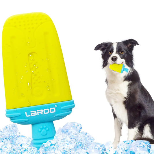 LaRoo Dogs Toys for Summer Cooling Frozen Dog Toys Full with Water Frozen Prevention of Heat Stroke Upgraded Teething Chew Toy (Ice Pop Shape-Yellow)