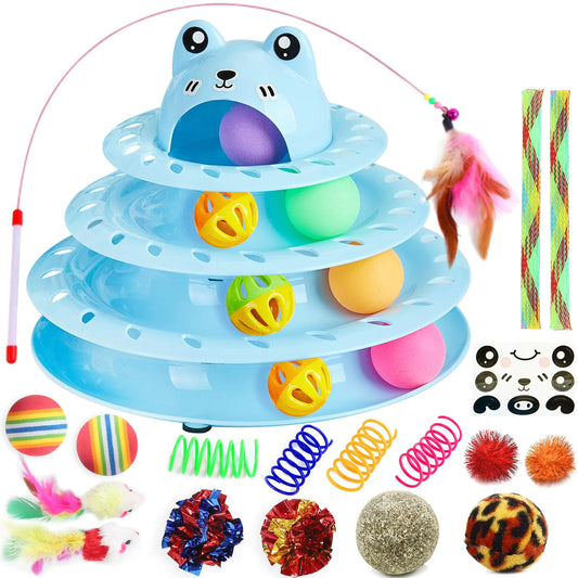 Suhaco 26 Pack Cat Toys Interactive for Indoor Cats Kitten Toy Fun Roller 4 Level Cat Teaser Ball Toys with 4 Colorful Balls Cat Feather Wand Kitty Toy Set for Boredom (Blue)