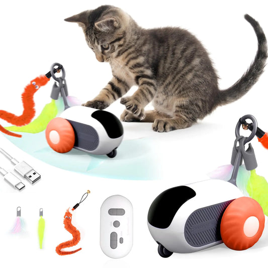 BABORUI 3.0 Upgraded Cat Interactive Toy with 2-Speed Adjustment Remote Control Cat Enrichment Toy Automatic Cat Toys with Feathers Moving Smart Cat Toy Car for Indoor Cats USB Rechargeable