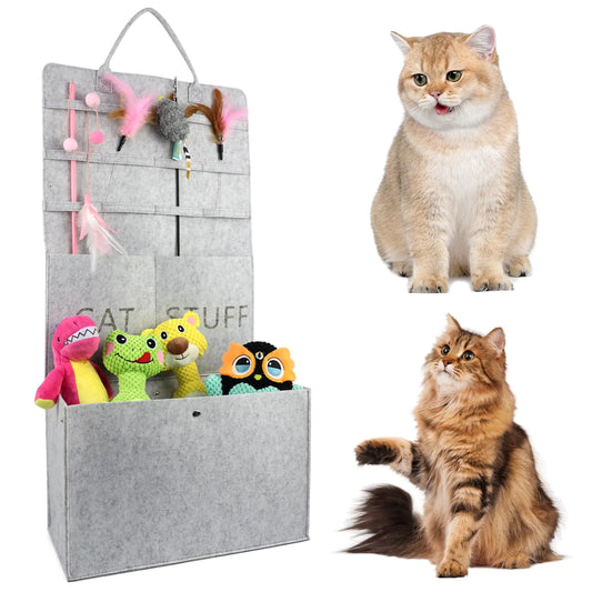 COSOWO Cat Toy Storage Box for Wand Toys Durable Pet Storage Organizer with Handle for Cat Feather Toy Foldable Storage Hanging Bag for Keeping Teaser Wand Toys Grey